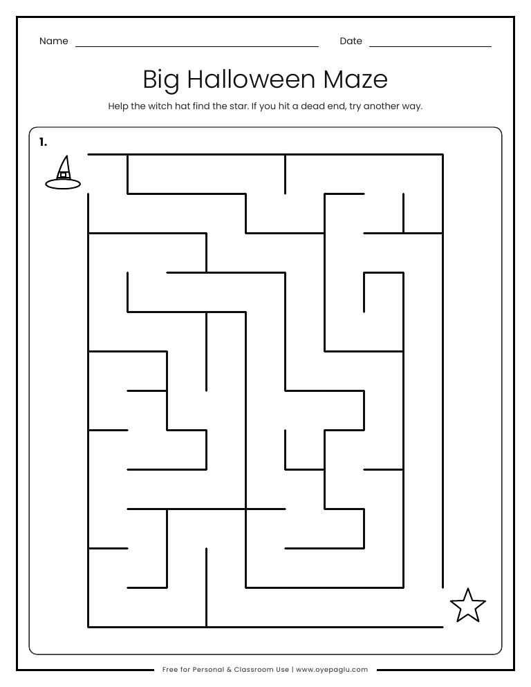 Big Halloween maze printable where a witch hat finds the way through a large maze to a star