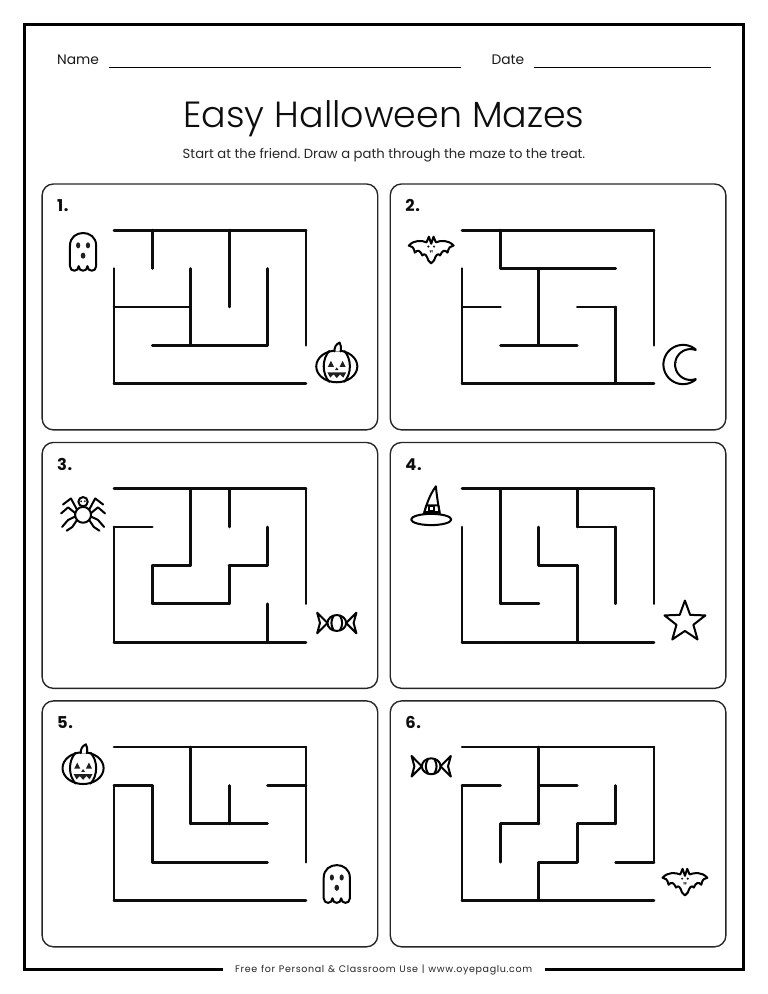 Six easy Halloween mazes for preschool, each leading a ghost, bat, spider, witch hat, pumpkin or candy to a treat