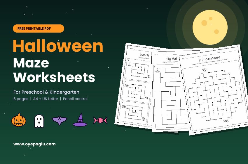 Free Halloween maze worksheets for preschool and kindergarten shown as printed pages with pumpkin, ghost and bat icons