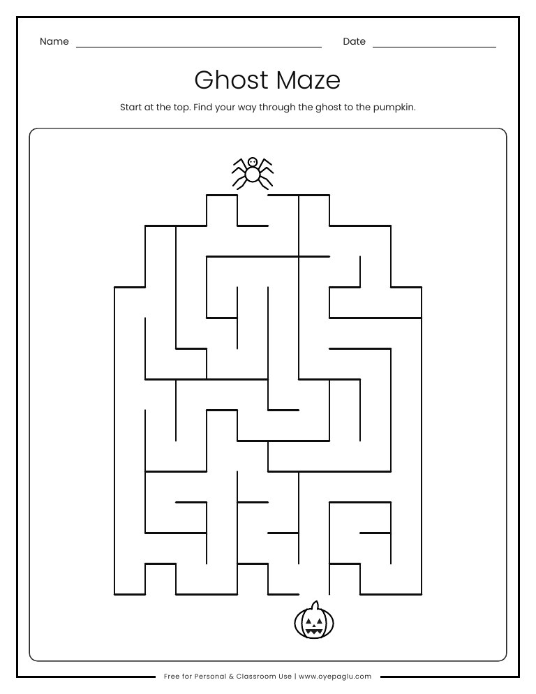 Ghost shaped Halloween maze worksheet where a spider finds its way from the top to a pumpkin