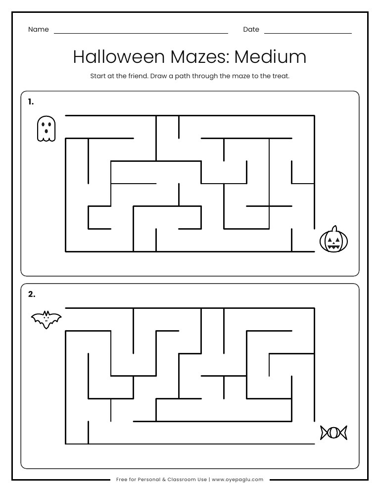 Two medium Halloween mazes for kindergarten, one for a ghost to reach a pumpkin and one for a bat to reach candy