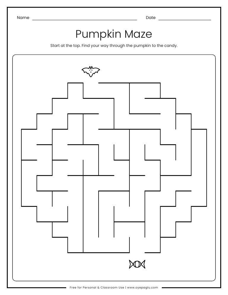Pumpkin shaped Halloween maze worksheet where a bat finds its way from the top to a piece of candy