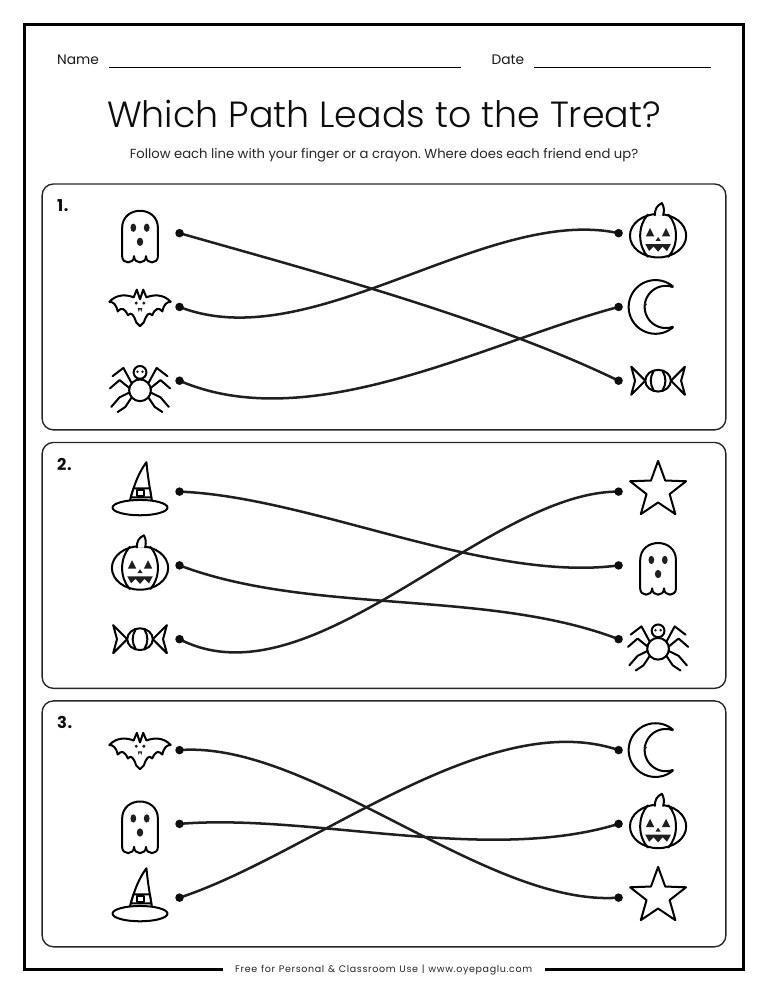 Halloween line maze worksheet with tangled lines that lead a ghost, bat and spider to a pumpkin, moon and candy