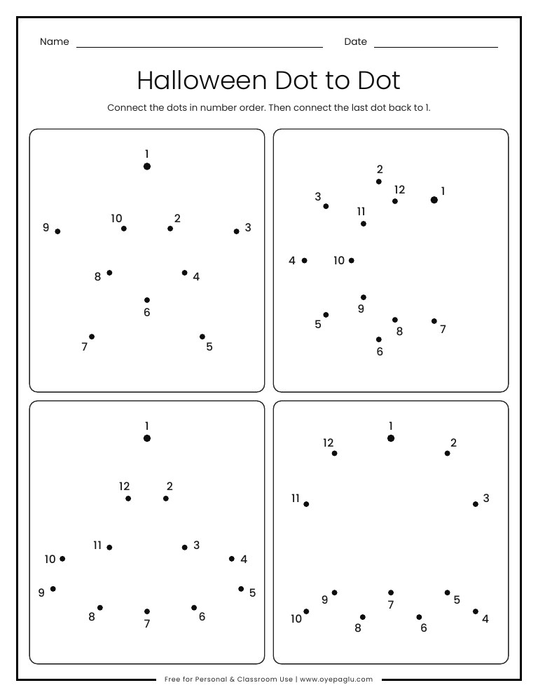 Halloween dot to dot worksheet with four numbered dot pictures of a star, moon, witch hat and ghost