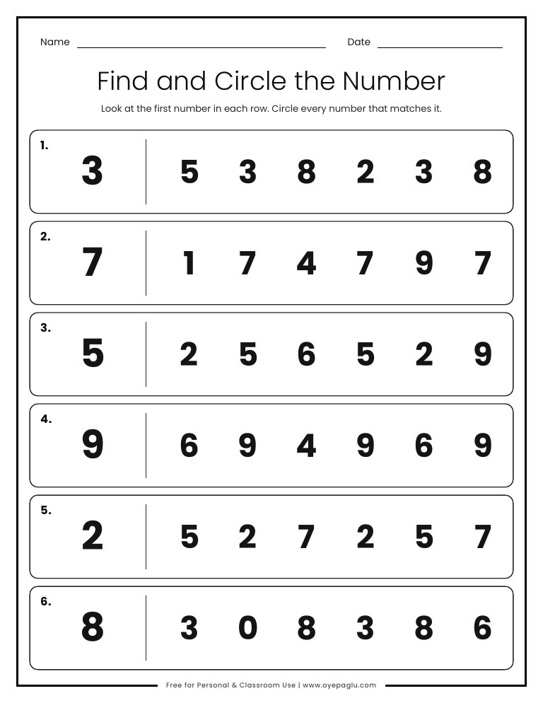 Halloween number recognition worksheet where kids circle every number that matches the first number in each row