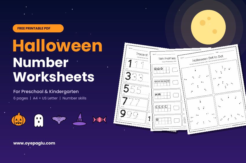 Free Halloween number worksheets for preschool and kindergarten shown as printed pages with pumpkin, ghost and bat icons