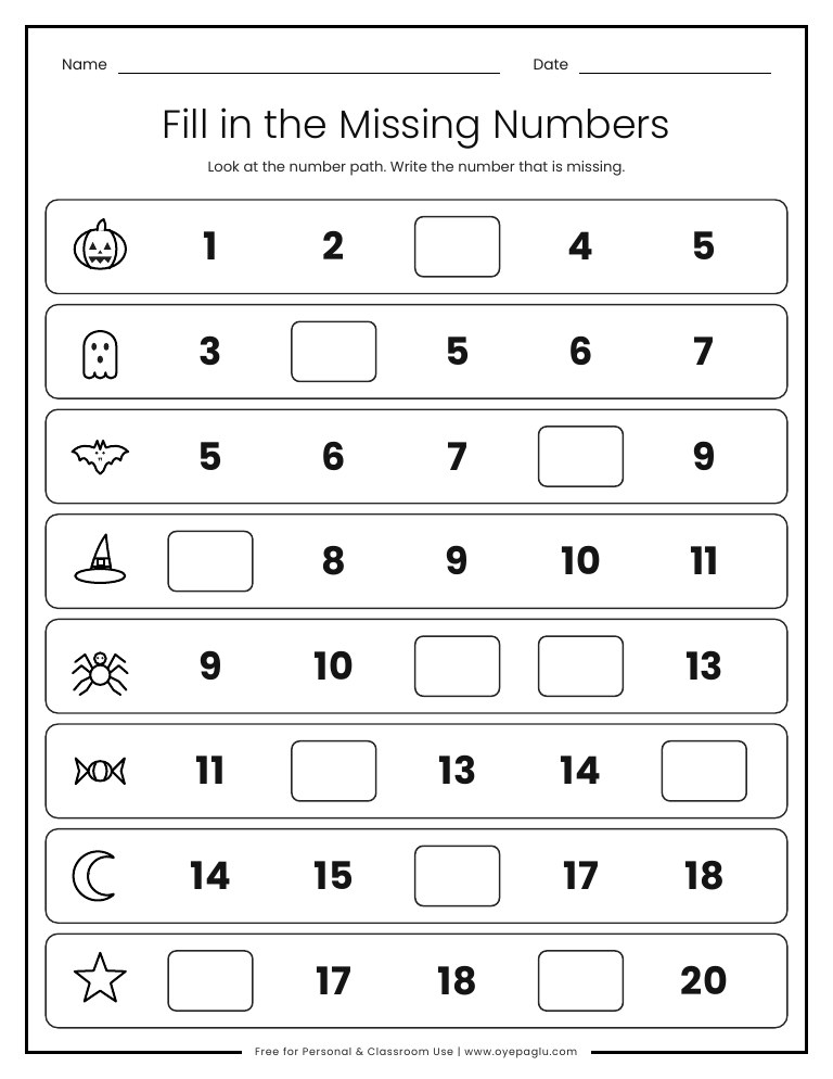Halloween missing numbers worksheet with number paths from 1 to 20 and empty boxes to fill in, beside pumpkin, ghost and bat pictures