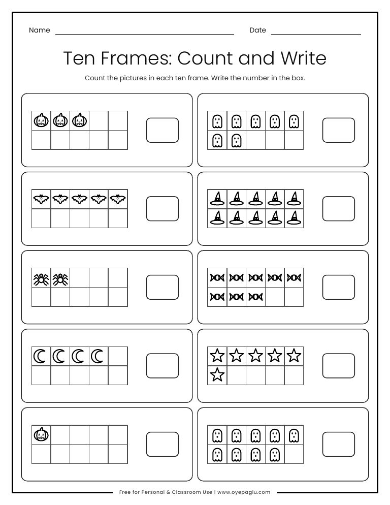 Halloween ten frames worksheet with pumpkins, ghosts, bats and other pictures in ten frames and a box to write each number