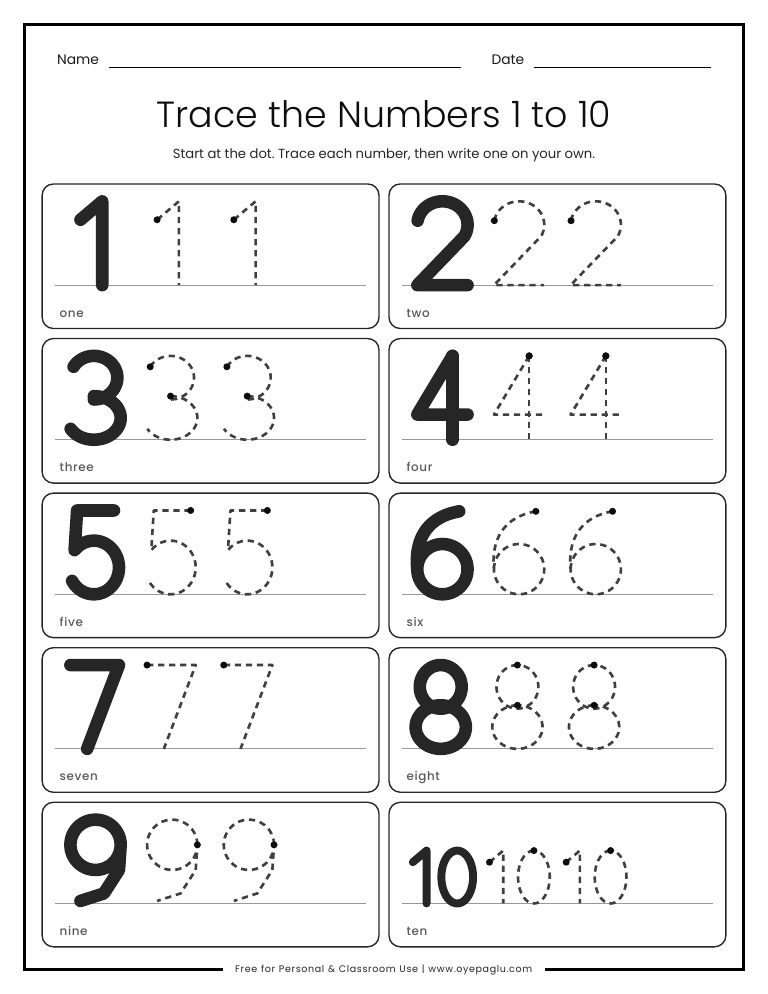 Halloween number tracing worksheet for numbers 1 to 10 with a solid model number, two dashed numbers to trace and the number word