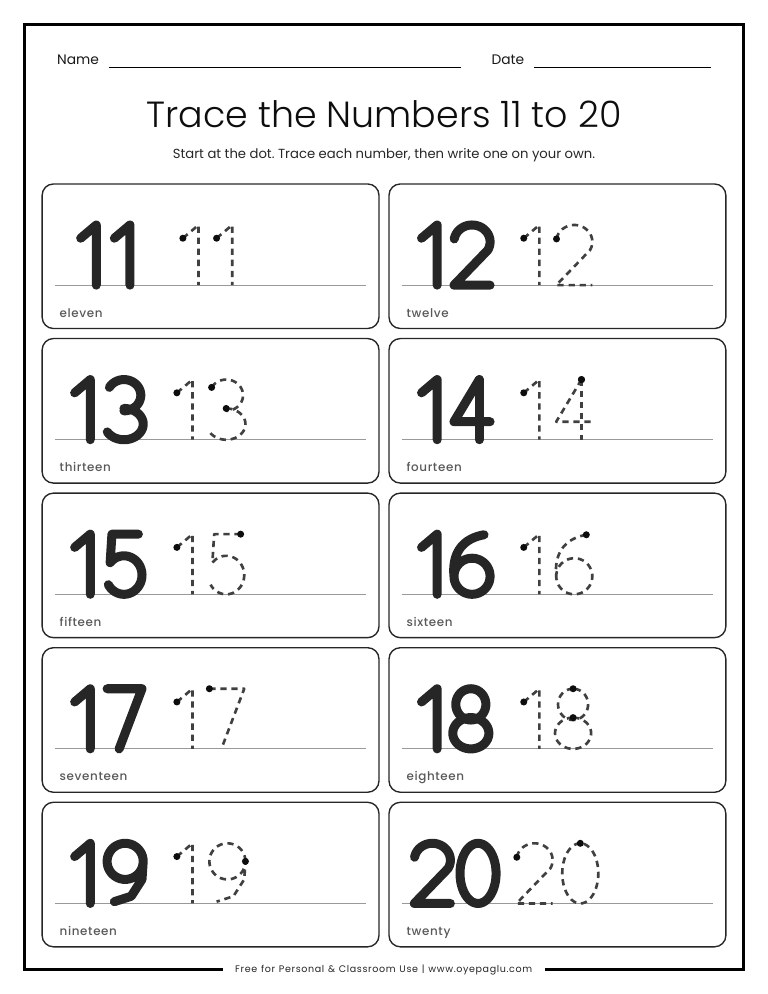 Halloween number tracing worksheet for numbers 11 to 20 with a solid model number, a dashed number to trace and the number word