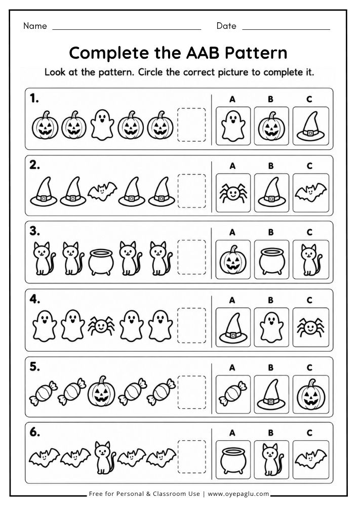 Halloween AAB pattern worksheet for preschool and kindergarten children