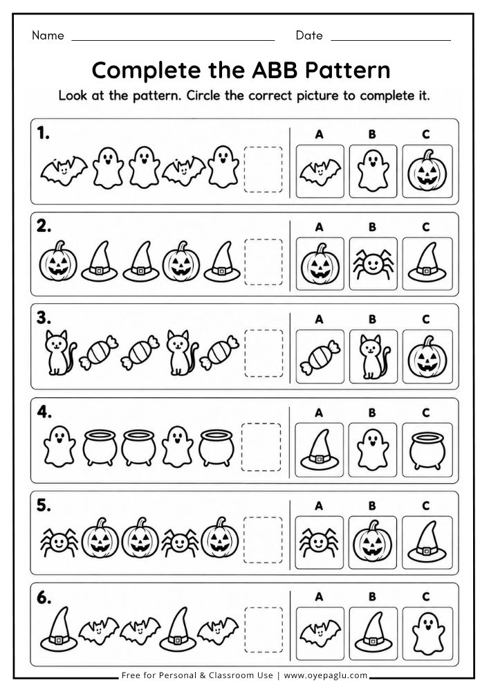 Halloween ABB pattern worksheet for preschool and kindergarten children