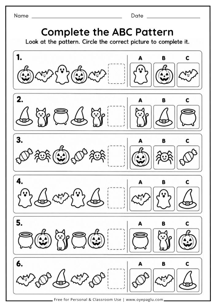 Halloween ABC pattern worksheet for preschool and kindergarten children