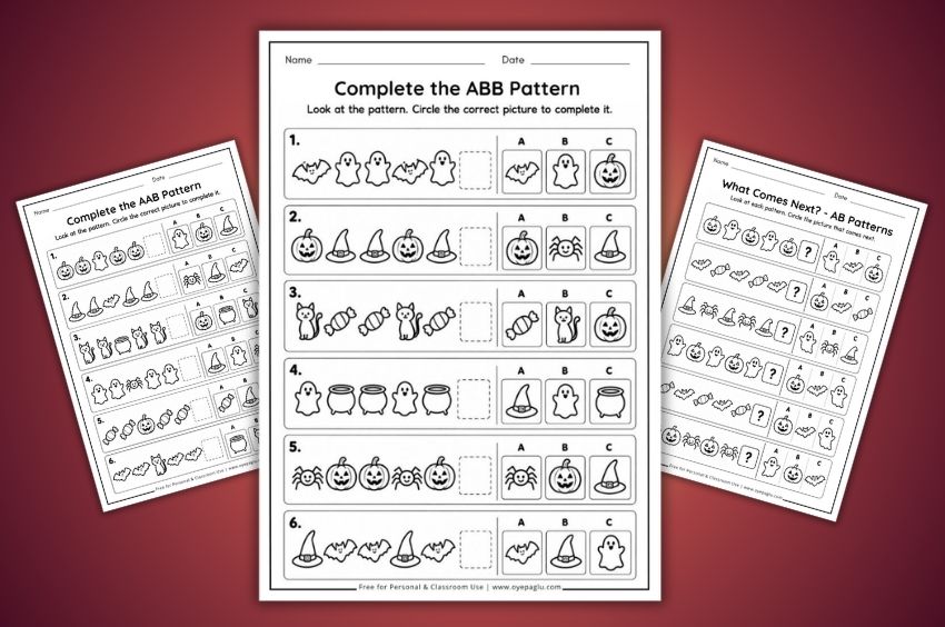 Free Halloween pattern worksheets for preschool and kindergarten