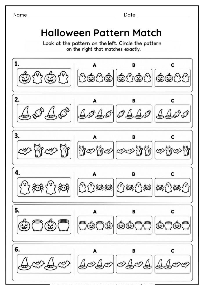 Halloween pattern matching worksheet for preschool and kindergarten children