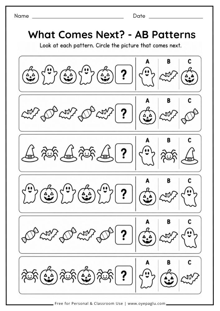 Halloween AB pattern worksheet where preschool and kindergarten children choose what comes next
