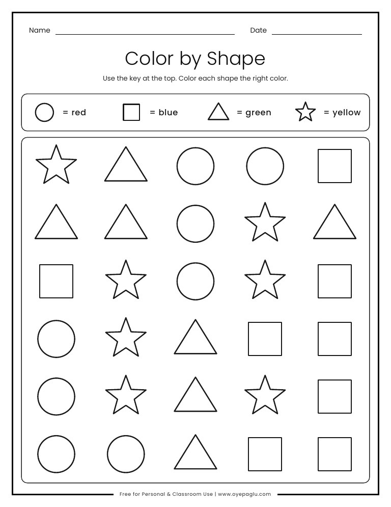 Color by shape worksheet with circles squares triangles and stars and a color key