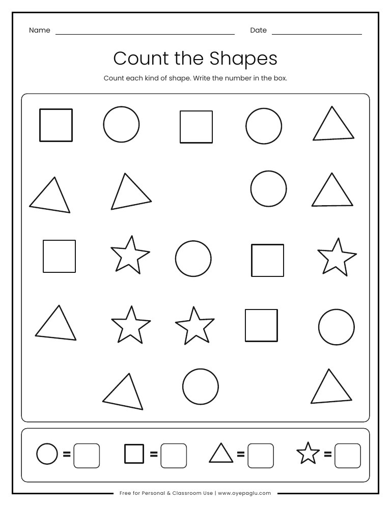Count the shapes worksheet with circles squares triangles and stars to count and write