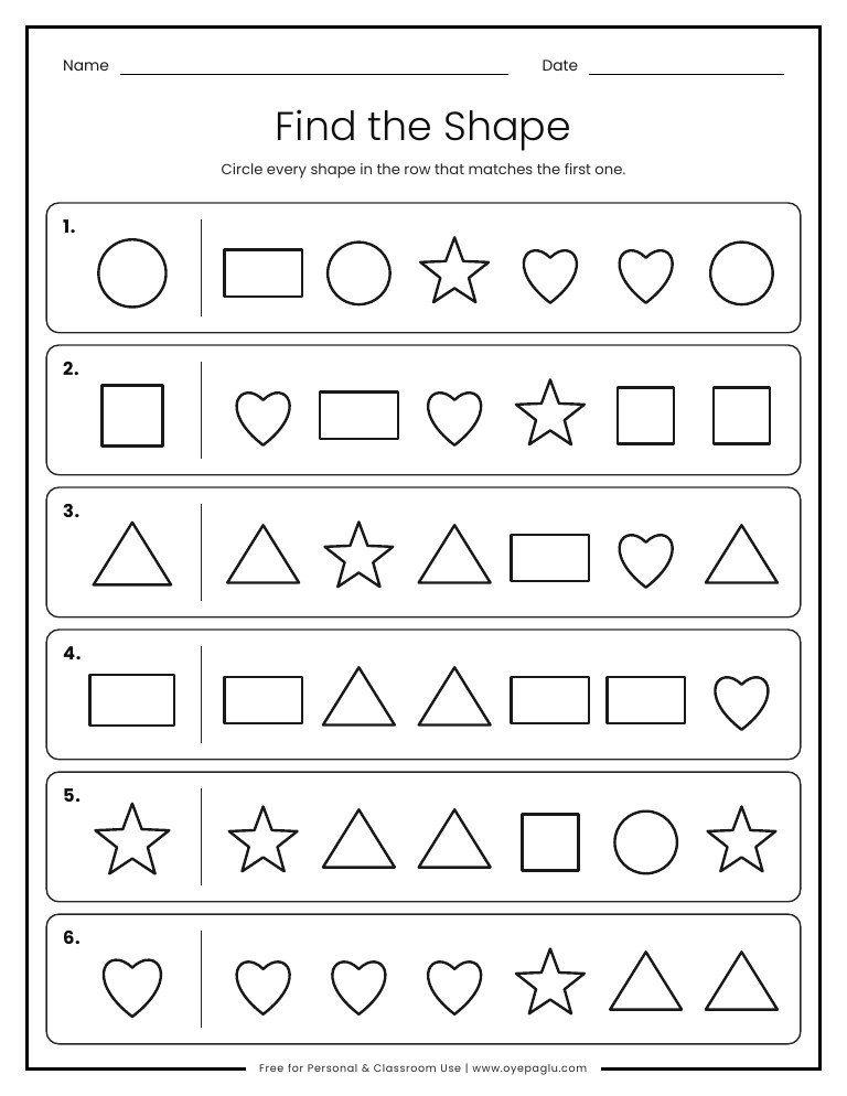 Find the shape worksheet circle all the shapes that match the first shape in each row
