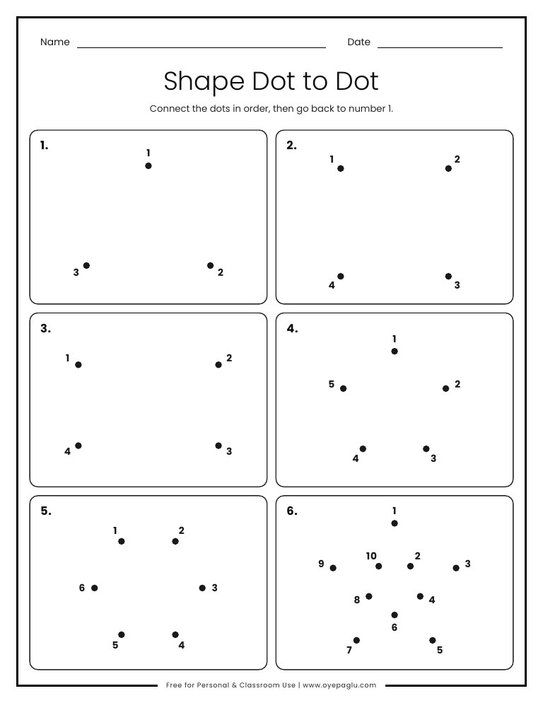 Shape dot to dot worksheet connect numbered dots to make triangle square rectangle pentagon hexagon and star