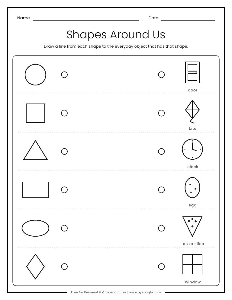 Shapes around us matching worksheet linking shapes to a clock window pizza door egg and kite