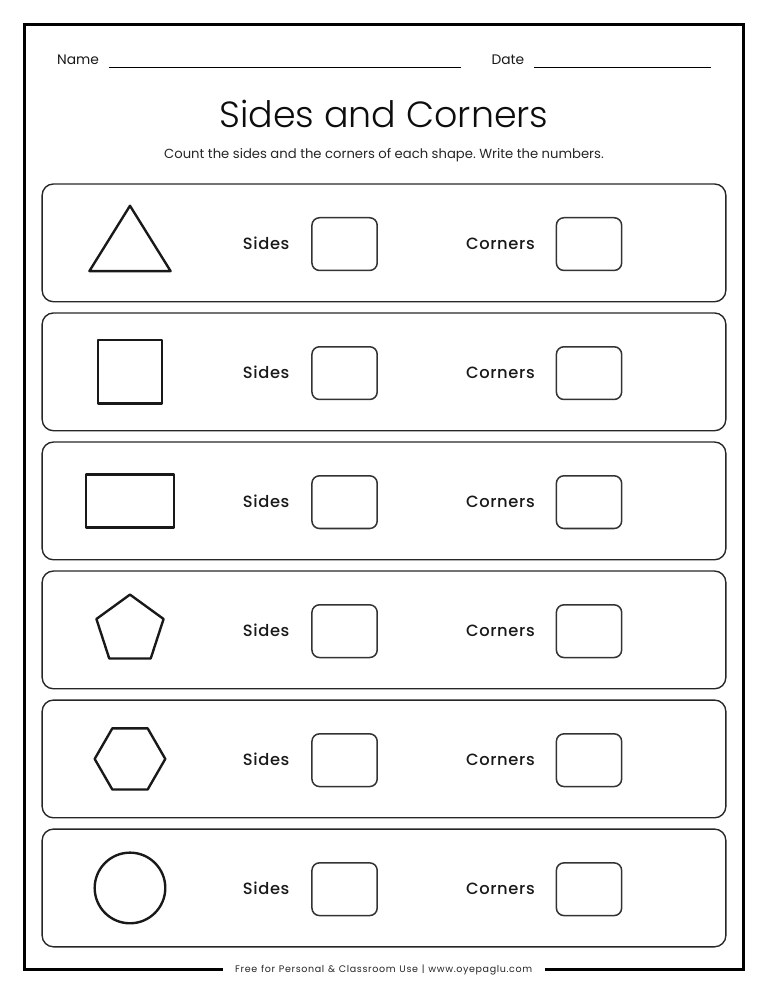 Sides and corners worksheet counting sides and corners of triangle square rectangle pentagon hexagon and circle