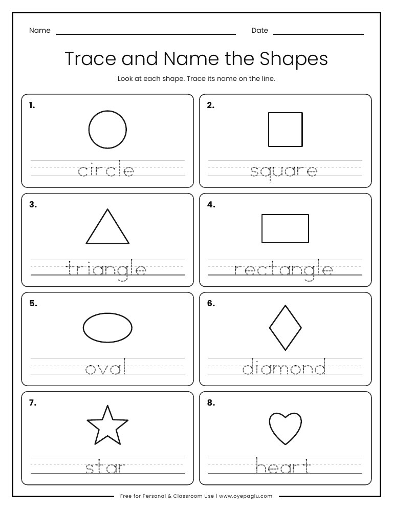 Trace and name the shapes worksheet with circle square triangle rectangle oval diamond star heart
