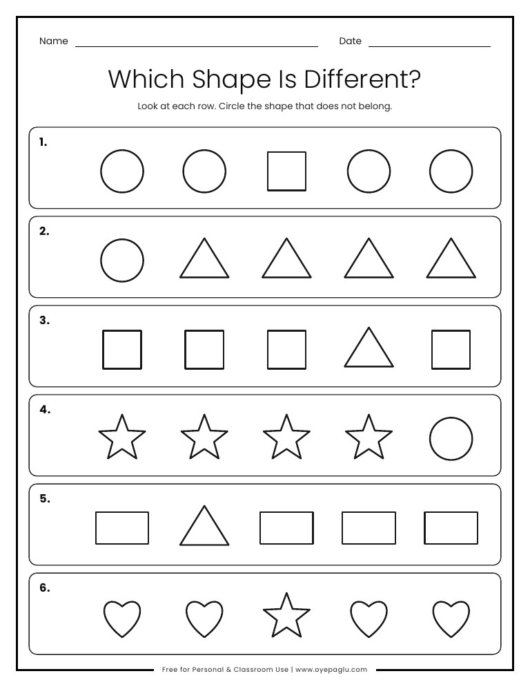 Which shape is different worksheet odd one out with circles squares triangles stars and hearts