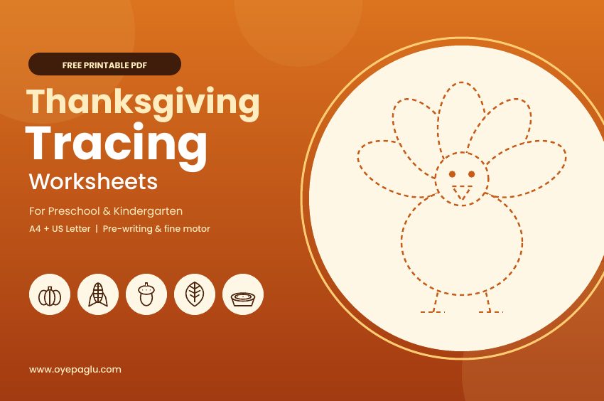 Free printable Thanksgiving tracing worksheets with a turkey to trace