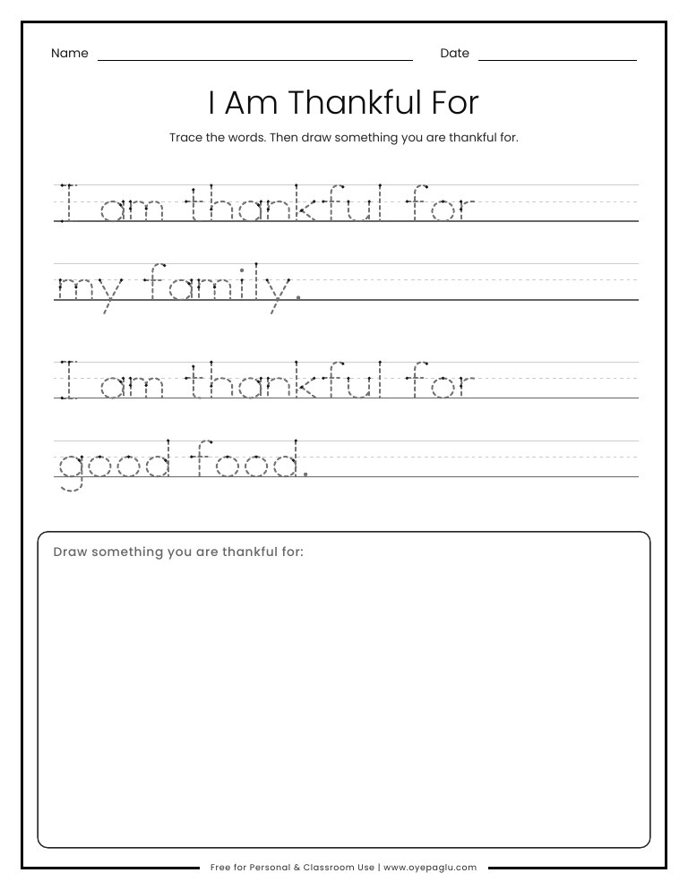 I am thankful for tracing worksheet with sentences to trace and a drawing box