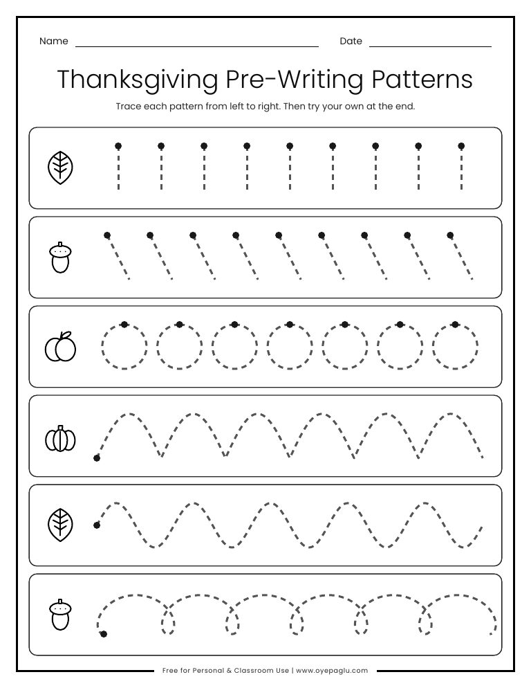 Thanksgiving pre-writing patterns worksheet with vertical lines circles and arches
