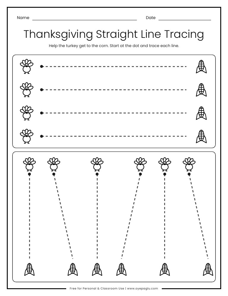 Thanksgiving straight line tracing worksheet with turkey and corn