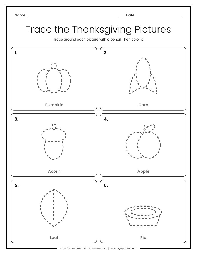 Trace the Thanksgiving pictures worksheet with pumpkin corn acorn apple leaf and pie