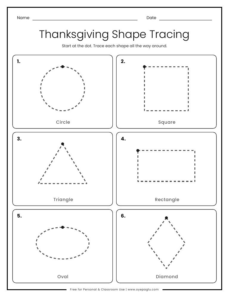 Thanksgiving shape tracing worksheet with circle square triangle rectangle oval diamond