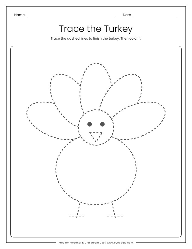 Trace the turkey worksheet with a big dashed turkey outline to trace and color