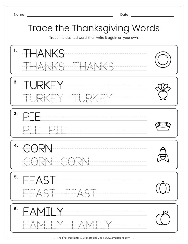 Thanksgiving word tracing worksheet with thanks turkey pie corn feast family