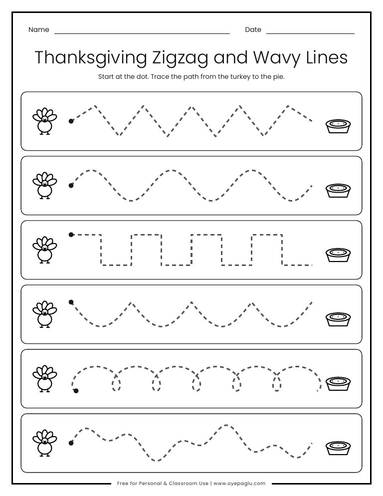 Thanksgiving zigzag and wavy line tracing worksheet from turkey to pie